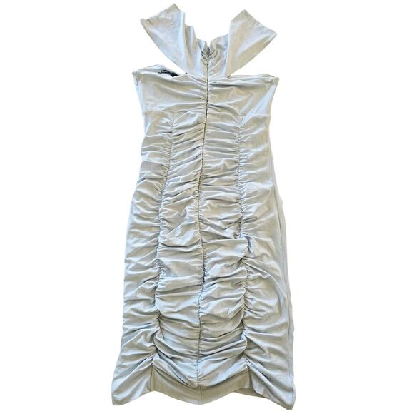 BCBGMAXAZRIA Baby Blue Ruched Bodycon Midi Dress Off-Shoulder Cut-Out S - Picture 5 of 5